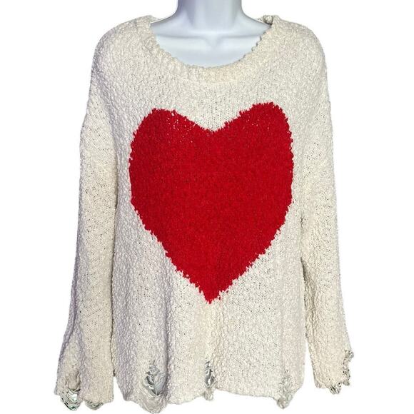 Main Strip scoop neck cream white red heart teddy sweater distressed hem Small - Picture 1 of 4